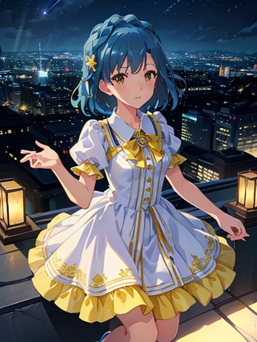 yuriko nanao (million live), 1 girl, Solo, Best Quality, masutepiece, 8K, High resolution, Ultra-detailed, (((It is located on the rooftop, Night view))), lightsmile, Light blue dress, Sailor Color Dress, Short sleeves, Puffy sleeves, Yellow cardigan,
