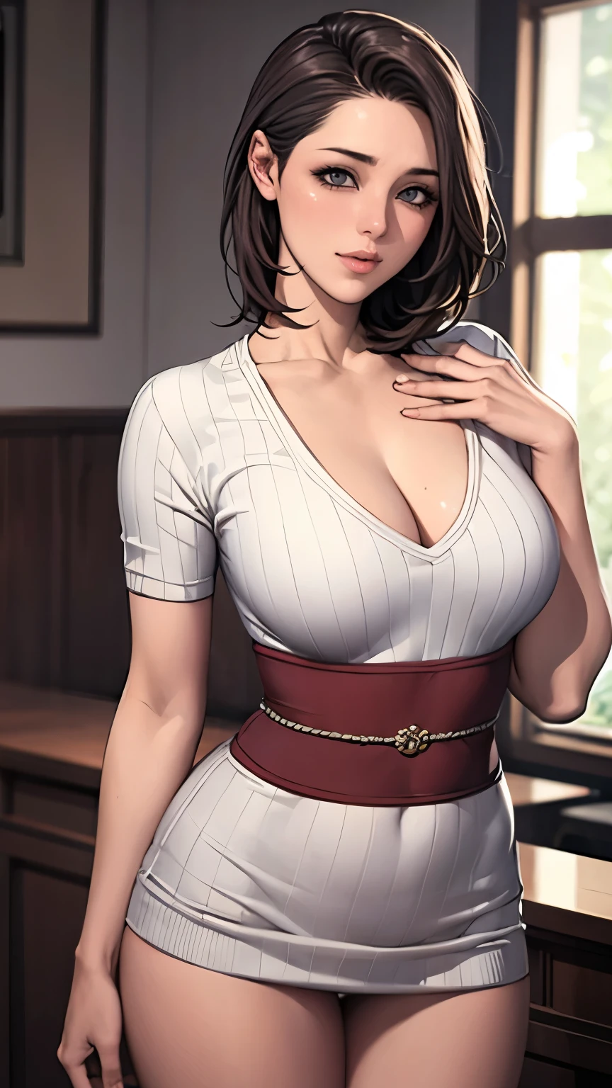 (highest quality,4K,High resolution,masterpiece:1.2),Japanese women,Cowgirl,Portraiture,Vibrant colors,Bright lighting、Bright room、slender、（Small Breasts 1:6)、Blushing、Wearing a white knit