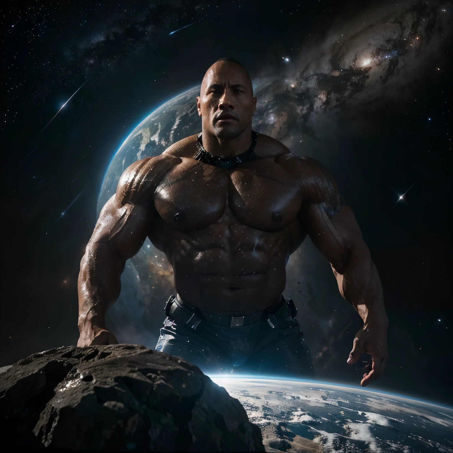 Dwayne Johnson, muscular man lifting planet Earth, galaxies around, Milky Way, bodybuilding in space, huge athletic body, detailed face, powerful physique, dramatic lighting, cinematic, 8k, high resolution, photorealistic, intricate details, epic, science fiction, cosmic, digital art