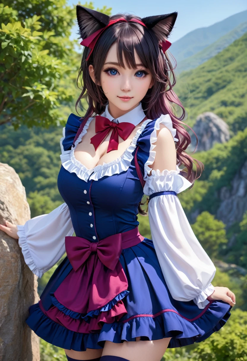 masterpiece, best quality, 1 girls, Beautiful breast,huge breast,solo girls, cat ears, :3, :d, ^_^, black thighhighs, blue sleeves, bow, detached sleeves, frilled skirt, frills, garter straps, hair bow, long sleeves, low twintails, purple skirt, red bow, sleeveless shirt, white shirt, wide sleeves karyl, outdoors, mountainous horizon, blue sky,incredibly absurdres, ultra detailed, high resolution, realistic lighting, photorealism, hyperrealism,masterpiece,vibrant colors,stunning visuals,ultra skin texsture,stable diffusion,perfect anatomy,crazy details