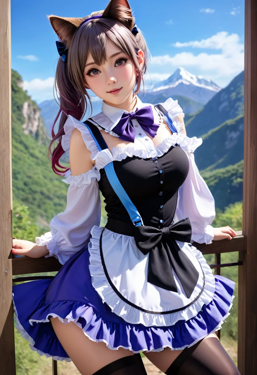 masterpiece, best quality, 1 girls, Beautiful breast,huge breast,solo girls, cat ears, :3, :d, ^_^, black thighhighs, blue sleeves, bow, detached sleeves, frilled skirt, frills, garter straps, hair bow, long sleeves, low twintails, purple skirt, red bow, sleeveless shirt, white shirt, wide sleeves karyl, outdoors, mountainous horizon, blue sky,incredibly absurdres, ultra detailed, high resolution, realistic lighting, photorealism, hyperrealism,masterpiece,vibrant colors,stunning visuals,ultra skin texsture,stable diffusion,perfect anatomy,crazy details