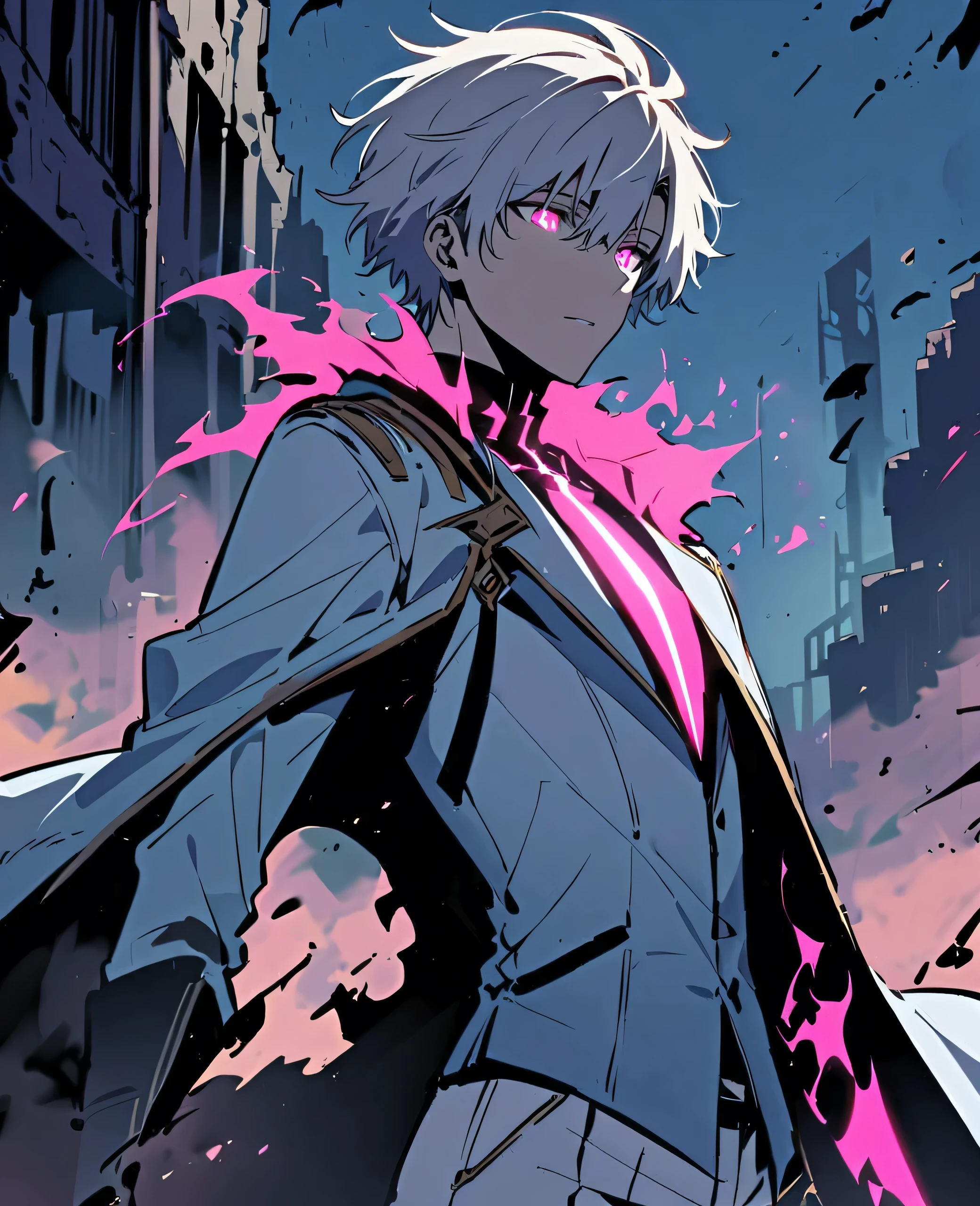 Handsome, solo, male, short hair, white hair, glowing pink eyes, ruins, white shirt, white pant, black and white coat, white flame