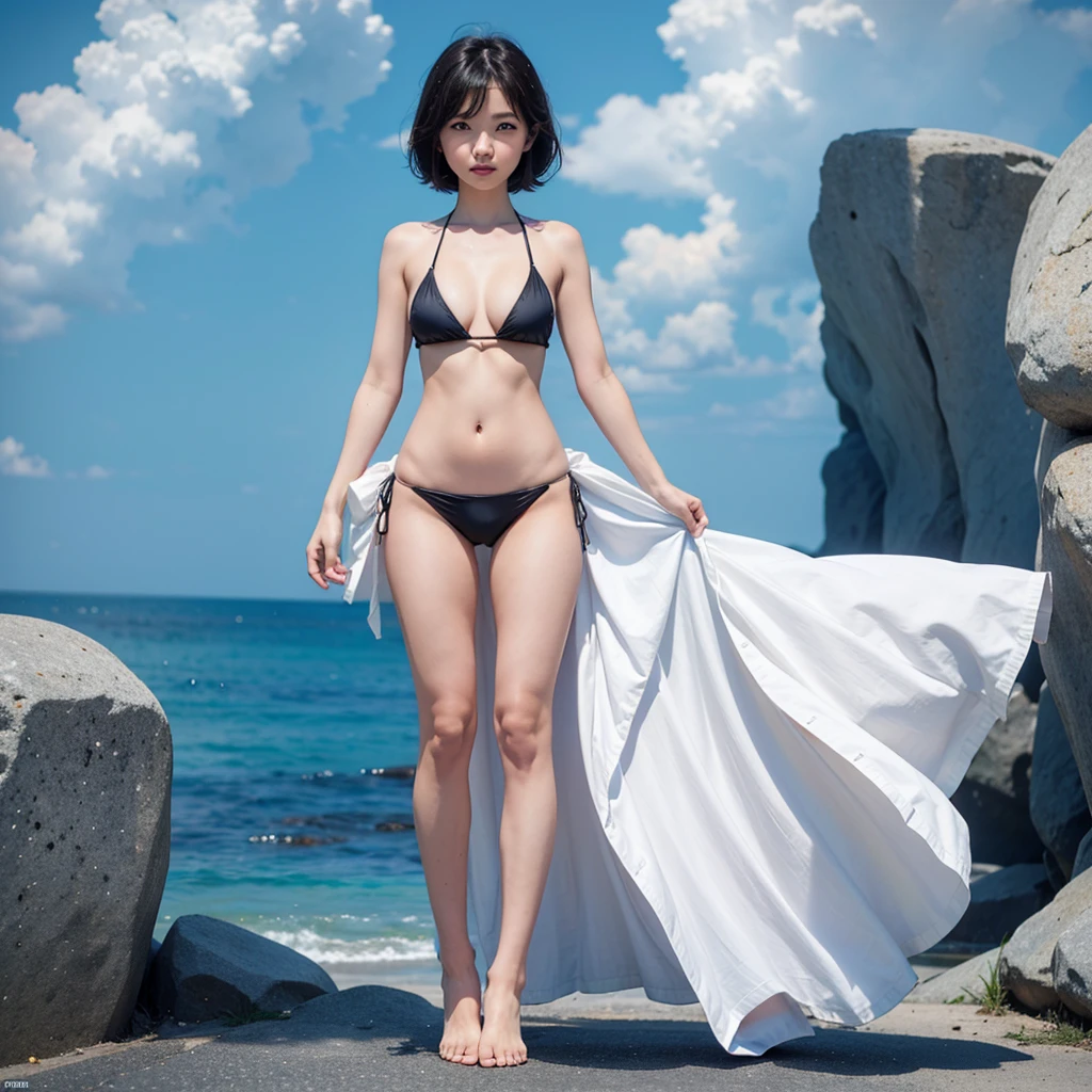 ID photo、1girl、Standing in front of the viewer、vtuber-fullbody、highest quality、Masterpiece、Official Art、The best composition、Super detailed、short hair、Simple bikini、Small breasts、barefoot、Upright Pose、Character Design、Front standing portrait、Simple Background、
(Perfect hands, Perfect Anatomy),
perfect,fingers,4 fingers1 thumb