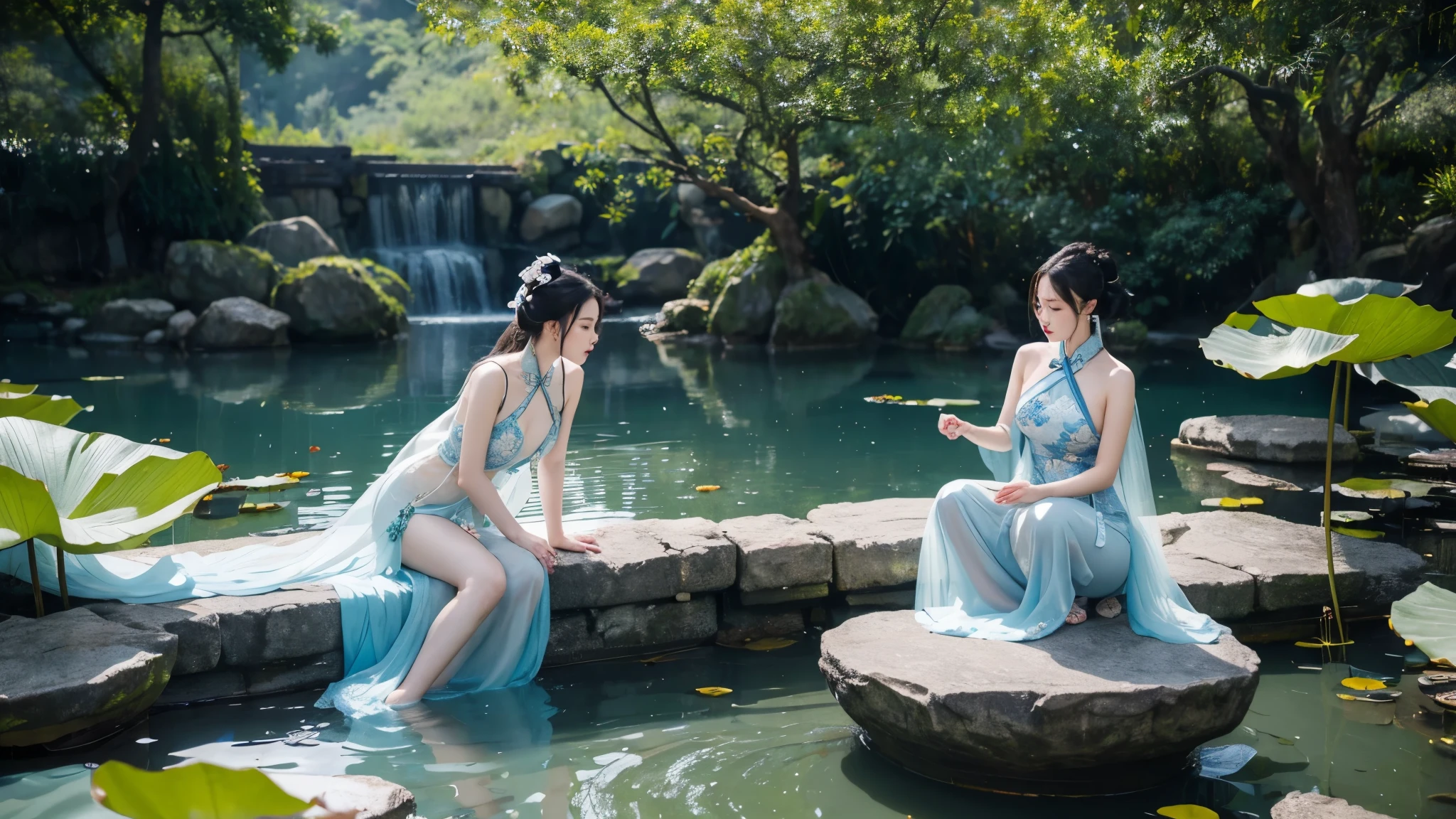 Chinese beauty sitting on the stone, Dressed in ancient Chinese costumes, Flowing blue tulle, Light Silk, Lazy posture, Big lotus leaf, lotus, Ink painting style, Clean colors, Decisive felling, White space, Mode, masterpiece, Super detailed, epic work, high quality, best quality, 4k --v 6