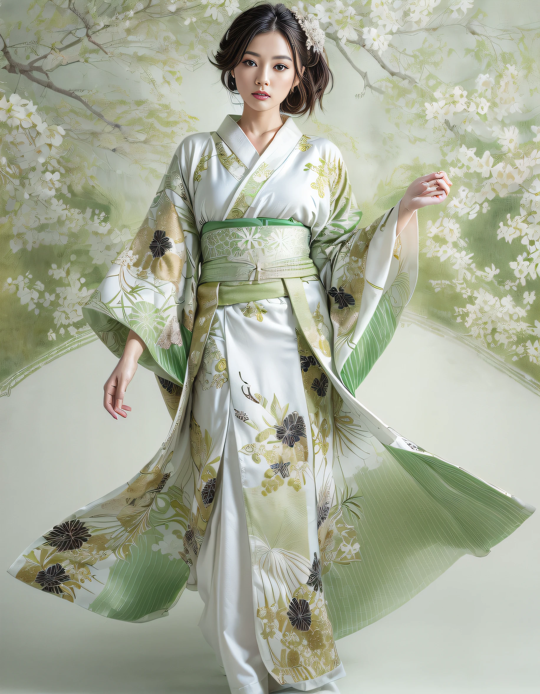 (Beautiful model in Japanese kimono commercial), (alone), ((Face is 70% Beauty and elegance, 30% Cute and adorable:1.5)), (Her roots are in Eastern Europe and Asia.), Clear Eyes, (Fine grain, Bright green eyes, Bright Eyes), double eyelid, (Slightly thick, sexy lips:1.2), Very detailed and incredibly high resolution Kimono, Very detailedな顔のテクスチャ, impressive body shape, Very attractive woman with curves, The color of the kimono is 65% White and 35% Matcha Green, High Resolution RAW Color Photos Professional Photos, break ultra high-resolution textures, High Resolution Body Rendering, Big eyes, An unparalleled masterpiece, Incredible high resolution, Very detailed, Stunning Ceramic Skin, break (鮮やかなMatcha Greenをたっぷり使った白い着物を着て), (Main color is gentle white, The vibrant green of the matcha stands out, Black is used as an accent), (An exquisitely crafted classic Japanese white kimono), ((The pattern is bold, Be Brave, 鮮やかなMatcha Greenで上品に染め上げました, Subtle accents are effective)), (Black belt to match this kimono), ((鮮やかなMatcha Greenの繊細で上品な模様の白い着物)), (The background is a dry landscape garden painted in vibrant matcha green and black.) break ((highest quality, 8k)), Sharp focus:1.2, (Layered Cut, big:1.2), (Beautiful woman with perfect figure:1.4), (Beautiful shape and big breasts:1.3), Narrow waist, (Correct hand shape:1.5), (Full Body Shot | Cowboy Shot | Back view)