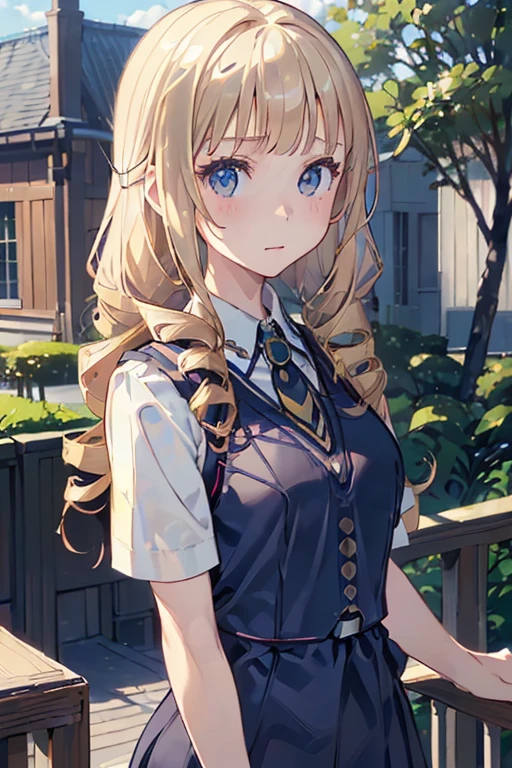 masterpiece、highest quality、Super detailed、An illustration、Beautiful detailed eyes、One girl、cute、Detailed landscape、Background of school grounds、(Blonde, Vertically curled drill hair:1.4)、((D cup breasts, Collared short-sleeved shirt:1.3, A navy blue vest with the school emblem on the chest, Navy blue slacks))