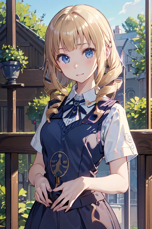 masterpiece、highest quality、Super detailed、An illustration、Beautiful detailed eyes、One girl、cute、Detailed landscape、Background of school grounds、(Blonde, Vertically curled drill hair:1.4)、((D cup breasts, Collared short-sleeved shirt:1.3, A navy blue vest with the school emblem on the chest, Navy blue slacks))