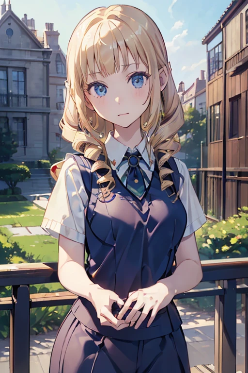 masterpiece、highest quality、Super detailed、An illustration、Beautiful detailed eyes、One girl、cute、Detailed landscape、Background of school grounds、(Blonde, Vertically curled drill hair:1.4)、((D cup breasts, Collared short-sleeved shirt:1.3, A navy blue vest with the school emblem on the chest, Navy blue slacks))