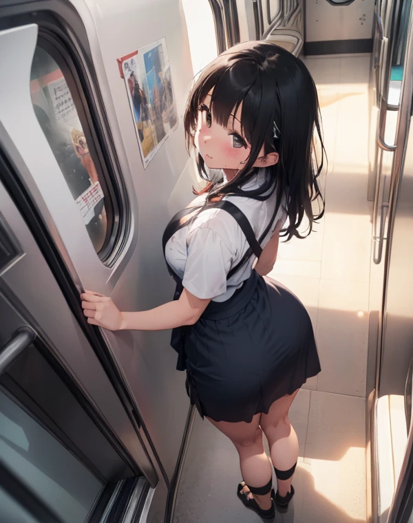 ((masterpiece)), ((highest quality)), (Super detailed), ((cute)), cute, (Lovely), ((sexy)), (device), ((very detailed)), 4K, (8K), highest quality, (beautiful), anime style, dynamic angle, (((view from below))), face focus, ((in the train)), 1 girl, alone, cute girls, high school girl uniform , hyper cute face, beautiful light brown hair, beautiful black eyes, ((beautiful eyes)), big breasts, embarrassing, blush, (((from behind, panty shot))), shiny, shine