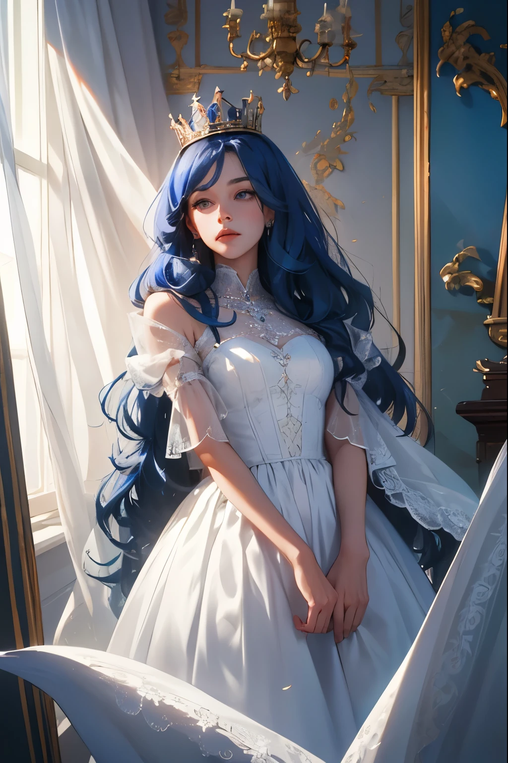 (masterpiece, highest quality), 1 Girl, alone, (Queen:1.15), Blue Hair, Long Hair, curtain, White Dress, Queen&#39;s Dress, Aurora, (sunlight, null, river, forest), Expressionless, Red eyes, (Art Nouveau:1.2), Alphonse Mucha, tiara, (Face focus, Upper Body), (Red Throne:1.12), Very intricate details, Realistic Light, smile