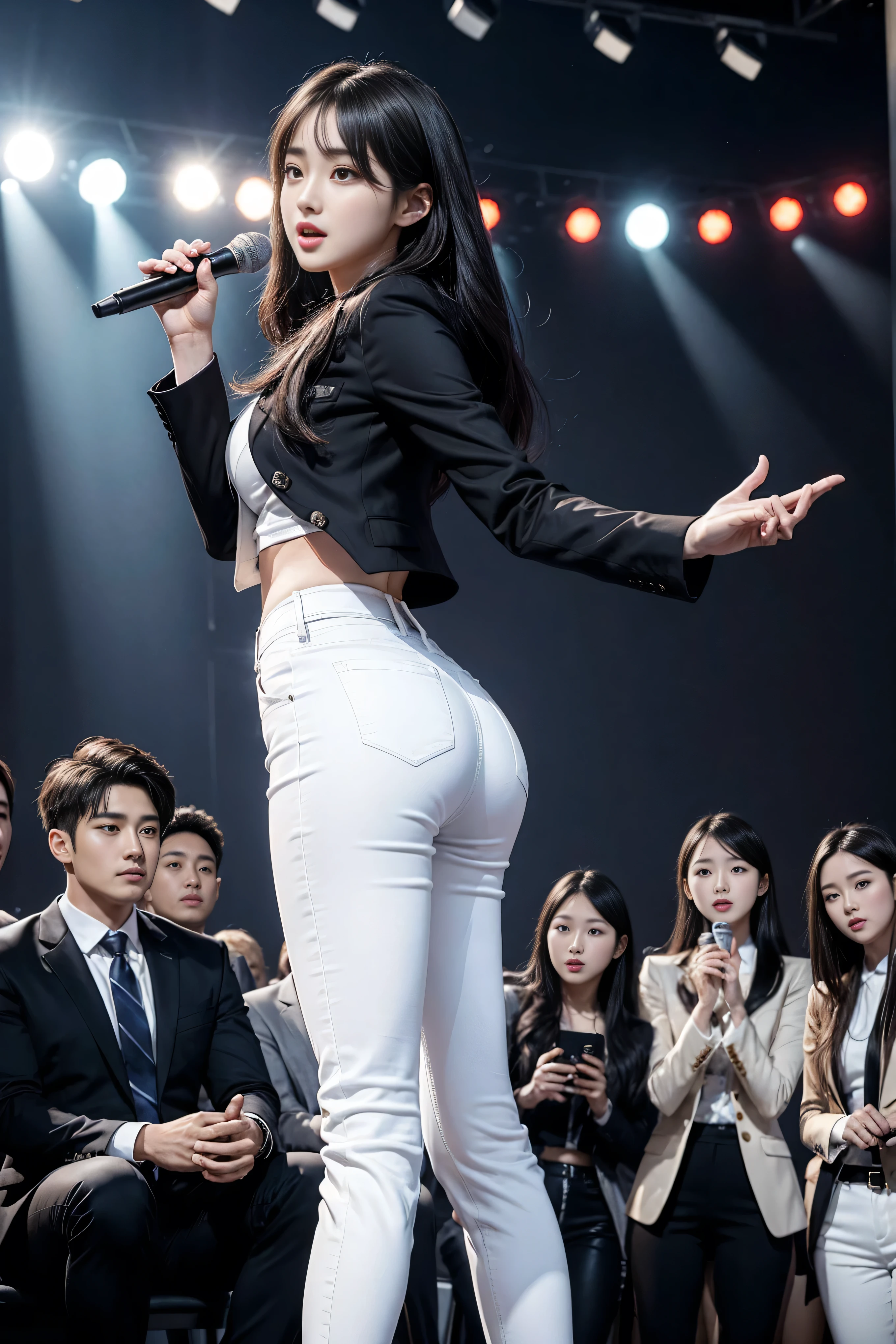 (8k,Highest Quality,masterpiece,practical,Super detailed:1.3),(1 girl,Beautiful Korean girl, Korean pop idol),(Black suit jacket:1.2),(White skinny trousers:1.1),(Serious expression:1.2)discuss,(speech,Handheld Microphone:1.2)(crowd,audience:1.3),Sexy long legs, (Thigh gap:1.5),Wide hips,S-Shaped Body, Hips lifted,,black hair,(Ass Focus:1.1)Shot from behind