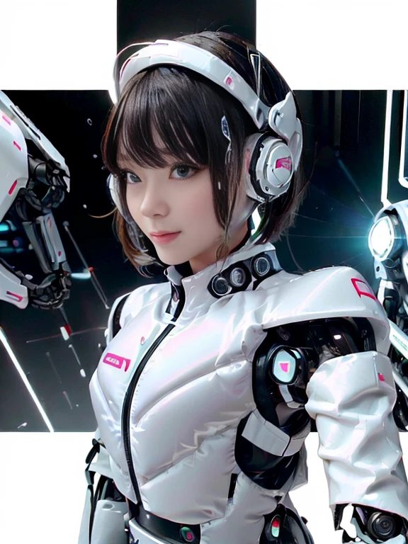 A girl in a futuristic bright white heavily armored robot suit takes a photo、perfect android girl, Female cyborg body, Perfect anime cyborg woman, Beautiful female android!, Female Robot, completely robot!! girl, Cute cyborg girl, Cyber Suit, Girl wearing mecha cybernetic armor, Cyber Suit, beutiful white girl cyborg, Beautiful female android, Beautiful girl cyborg、Cute cyborg girl with short bob hair、Beautiful android sculpture model、(Laughter)、((Rounded, white, sturdy armor))、(((Equipped with long sensor antennas on both ears)))、(((Robot Girl)))、(((Android girls)))、