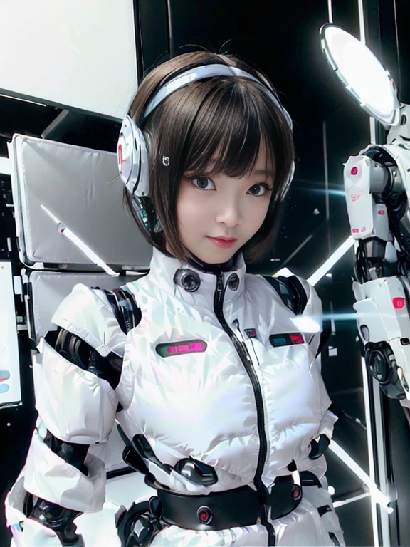 A girl in a futuristic bright white heavily armored robot suit takes a photo、perfect android girl, Female cyborg body, Perfect anime cyborg woman, Beautiful female android!, Female Robot, completely robot!! girl, Cute cyborg girl, Cyber Suit, Girl wearing mecha cybernetic armor, Cyber Suit, beutiful white girl cyborg, Beautiful female android, Beautiful girl cyborg、Cute cyborg girl with short bob hair、Beautiful android sculpture model、(Laughter)、((Rounded, white, sturdy armor))、(((Equipped with long sensor antennas on both ears)))、(((Robot Girl)))、(((Android girls)))、