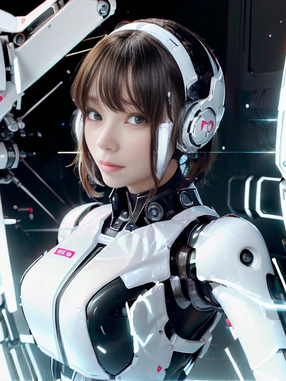 A girl in a futuristic bright white heavily armored robot suit takes a photo、perfect android girl, Female cyborg body, Perfect anime cyborg woman, Beautiful female android!, Female Robot, completely robot!! girl, Cute cyborg girl, Cyber Suit, Girl wearing mecha cybernetic armor, Cyber Suit, beutiful white girl cyborg, Beautiful female android, Beautiful girl cyborg、Cute cyborg girl with short bob hair、Beautiful android sculpture model、(Laughter)、((Rounded, white, sturdy armor))、(((Equipped with long sensor antennas on both ears)))、(((Robot Girl)))、(((Android girls)))、
