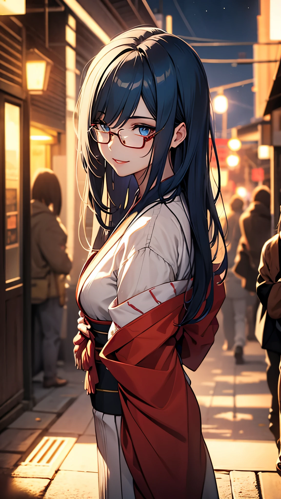 (1girl:1.3), Masterpiece, Best quality, amazing beauty, [[3D]], 4K, absurdres, finely detail, super detailed eye, perfect anatomy, official art, cinematic lighting, BREAK, bamboo thicket, night, silky wavy hair, parted bang, blue hair, super shiny detailed blue eyes, big eyes, cute eyes, thin eyebrow, Gazing Skyward, full lips, closed-mouth smile, mascara, red lips, red round cell frame glasses, happy face, BREAK , usually, tall, slender, gloss skin, hand on hip, standing, full body, from side, Dimly light, BREAK , kimono, tabi, BREAK,(Glasses)