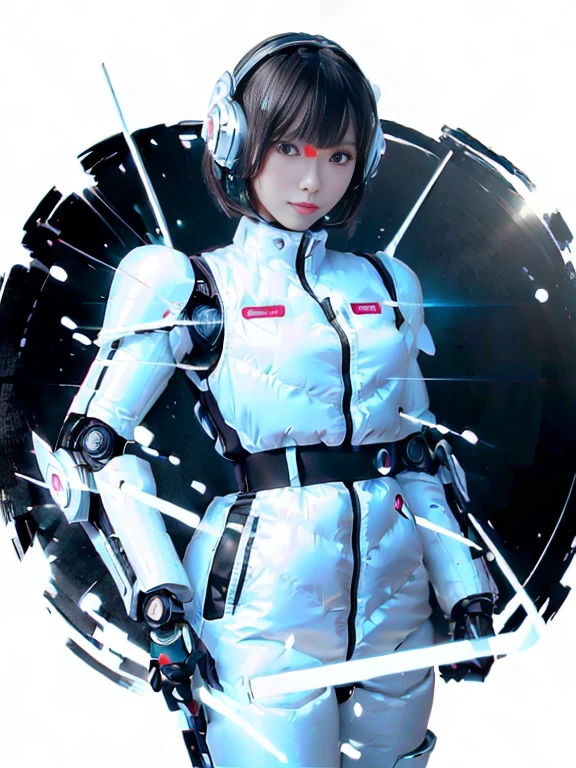 A girl in a futuristic bright white heavily armored robot suit takes a photo、perfect android girl, Female cyborg body, Perfect anime cyborg woman, Beautiful female android!, Female Robot, completely robot!! girl, Cute cyborg girl, Cyber Suit, Girl wearing mecha cybernetic armor, Cyber Suit, beutiful white girl cyborg, Beautiful female android, Beautiful girl cyborg、Cute cyborg girl with short bob hair、Beautiful android sculpture model、(Laughter)、((Rounded, white, sturdy armor))、(((Equipped with long sensor antennas on both ears)))、(((Robot Girl)))、(((Android girls)))、