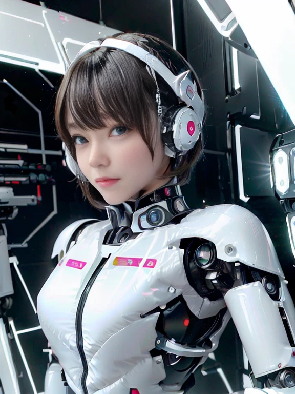 A girl in a futuristic bright white heavily armored robot suit takes a photo、perfect android girl, Female cyborg body, Perfect anime cyborg woman, Beautiful female android!, Female Robot, completely robot!! girl, Cute cyborg girl, Cyber Suit, Girl wearing mecha cybernetic armor, Cyber Suit, beutiful white girl cyborg, Beautiful female android, Beautiful girl cyborg、Cute cyborg girl with short bob hair、Beautiful android sculpture model、(Laughter)、((Rounded, white, sturdy armor))、(((Equipped with long sensor antennas on both ears)))、(((Robot Girl)))、(((Android girls)))、