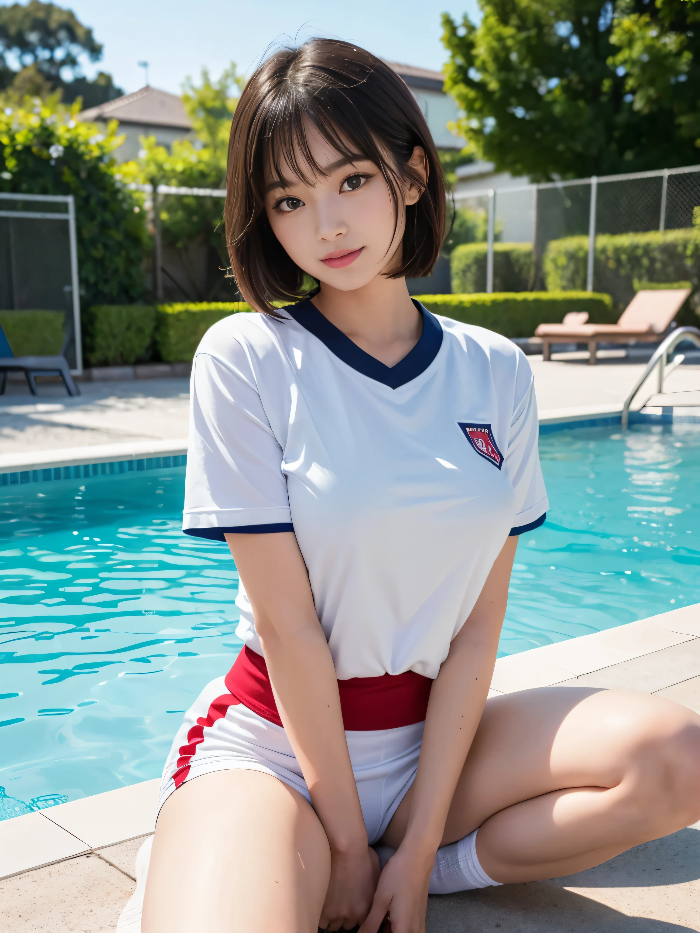 ultra highres,(reality: 1.4),highest quality, masterpiece, high detail, 16K quality, beautiful, 1 beautiful girl,japanese,super beautiful face,baby face,japanese idol face,cute face,super detailed face,detailed hand,beautiful skin,sweaty skin,big eyes,big smile,profeccional lighting,short hair, black hair,brown beautiful eyes, gym uniform,school gym buruma,(red buruma), white shirt, short sleeves, standing,spread legs,medium breasts,high socks,she is looking at the camera,pool side,blue sky,nsfw,from front,