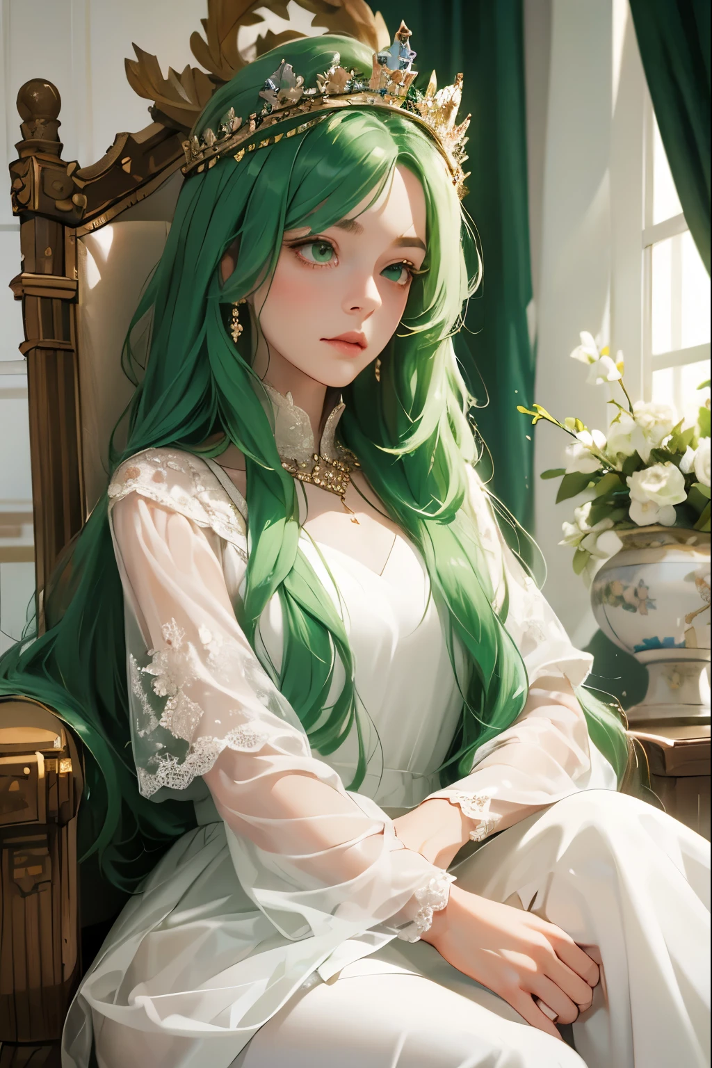 (masterpiece, highest quality), 1 Girl, alone, (Queen:1.15), Green Hair, Long Hair, curtain, White Dress, Queen&#39;s Dress, Aurora, (sunlight, null, river, forest), Expressionless, Red eyes, (Art Nouveau:1.2), Alphonse Mucha, tiara, (Face focus, Upper Body), (Red Throne:1.12), Very intricate details, Realistic Light, smile