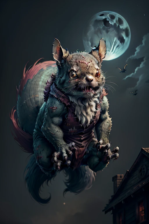 Flying Zombie Squirrel Soaring through the Night Sky
In the eerie, moonlit night, a unique sight catches the eye. A squirrel, unlike any other, ascends through the air, propelled by an unnatural force. Its once furry form has degenerated into a ghoulish zombie, with decaying flesh and eerie red eyes. But it retains a trace of its former self with its bushy, oversized tail, now as ragged as a banner of despair. Fluttering through the night, it seems to be on a relentless quest, the horrifying sight of a zombie flying squirrel serving as a chilling reminder of