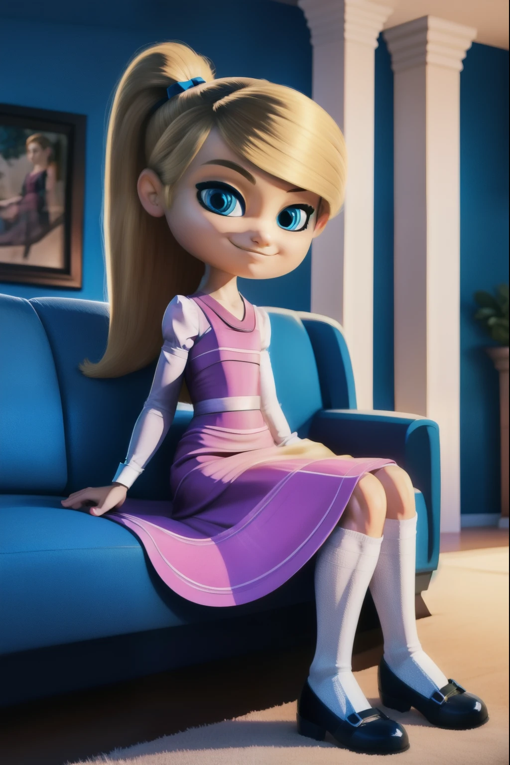 1girl, blonde hair, long hair, cyan ribbon, ponytail, nine years old, blue eyes, ((pink dress)), puffy sleeves, white tube socks, no shoes, smug, sitting, leaning forward, indoors, couch,