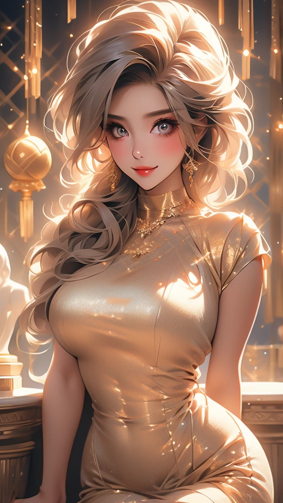 Very detailed, beautiful, highest quality, Professionally taken photos, Like a poster, detailed beautiful round eyes, beautiful detailed face, Whole Body Ezbian, Medium Long Hair, Casual Hairstyles, (Random color hair, Golden mesh), Big eyes, Random color eyes, Long eyelashes, Thick mascara, Dark eyeliner, (Huge breasts), (Bust about to burst:1.45), Wide selection, Thick waist), (Wide Hips:1.4, Toned thighs, Body Curves), 40 years old, woman, (White tight dress, white), Perfect Face, Perfect body, Sexy pose, (A shy smile), Random Location, nature, (alone), The light on my face,