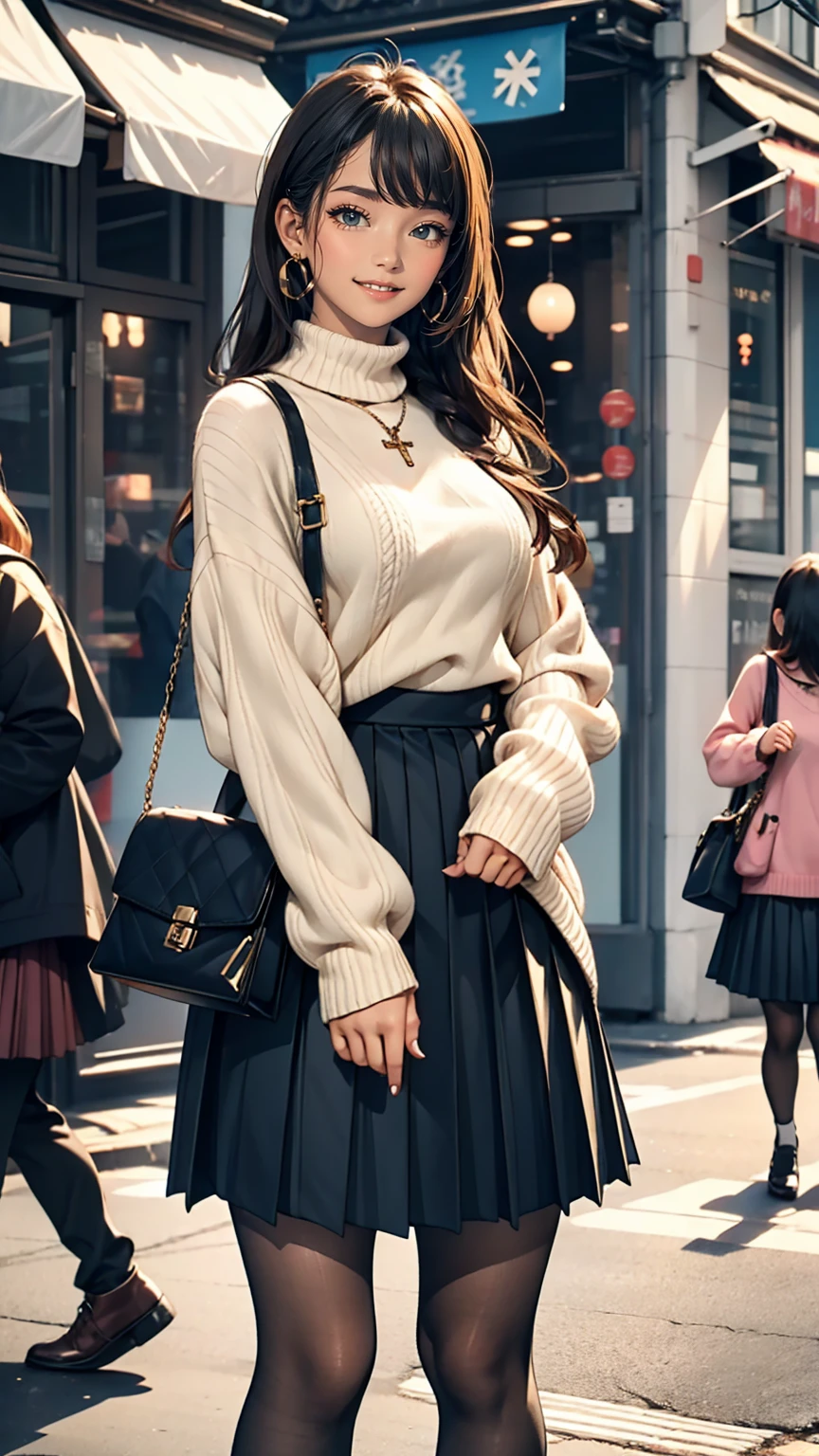 24-year-old woman、Outstanding proportions、Wear a knitted dress、Wear a mini pleated skirt、smile、Cross one's arms、Carry a handbag over one's shoulder、sexy