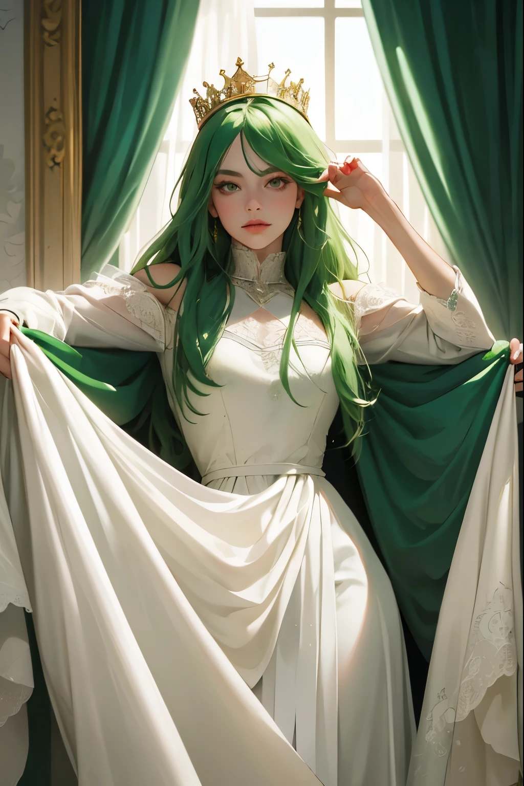 (masterpiece, highest quality), 1 Girl, alone, (Queen:1.15), Green Hair, Long Hair, curtain, White Dress, Queen's Dress, Aurora, (sunlight, null, river, forest), Expressionless, Red eyes, (Art Nouveau:1.2), Alphonse Mucha, tiara, (Face focus, Upper Body), (Red Throne:1.12), Very intricate details, Realistic Light, smile
