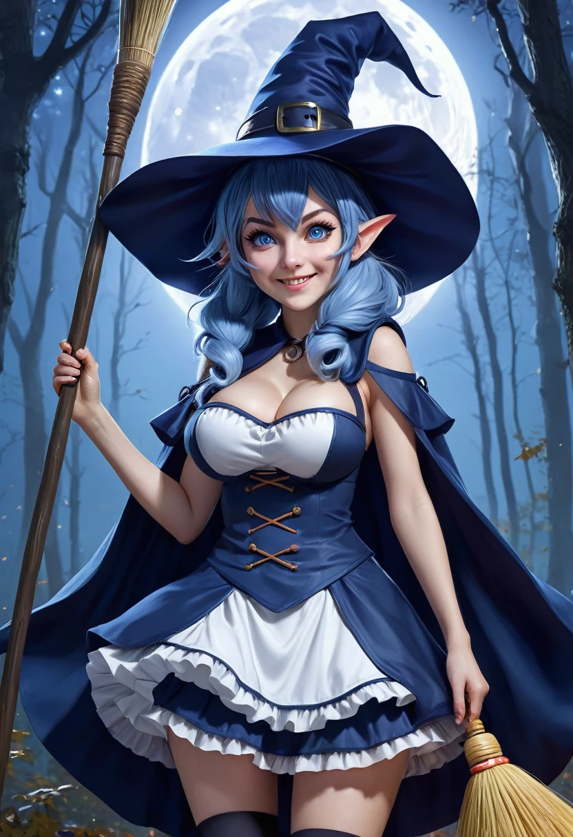 full moon,night,forest,cute witch,navy blue pointy hat,Beautiful breast,huge breast,navy blue cape,navy blue and white frilly skirt,mist blue hair,twintails,blue eyes,evil smile,riding a broom,pixiv,incredibly absurdres, ultra detailed, high resolution, realistic lighting, photorealism, hyperrealism,masterpiece,vibrant colors,stunning visuals,ultra skin texsture,stable diffusion,perfect anatomy,crazy details