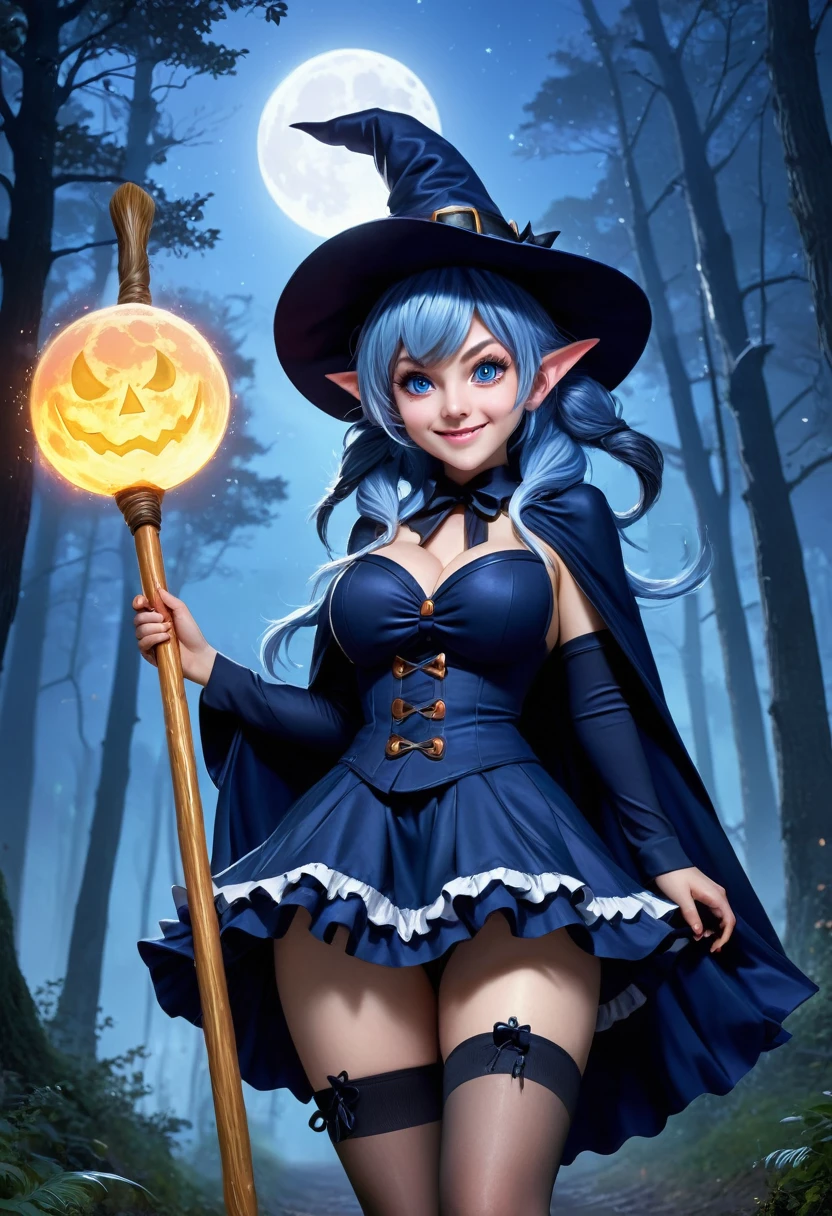 full moon,night,forest,cute witch,navy blue pointy hat,Beautiful breast,huge breast,navy blue cape,navy blue and white frilly skirt,mist blue hair,twintails,blue eyes,evil smile,riding a broom,pixiv,incredibly absurdres, ultra detailed, high resolution, realistic lighting, photorealism, hyperrealism,masterpiece,vibrant colors,stunning visuals,ultra skin texsture,stable diffusion,perfect anatomy,crazy details