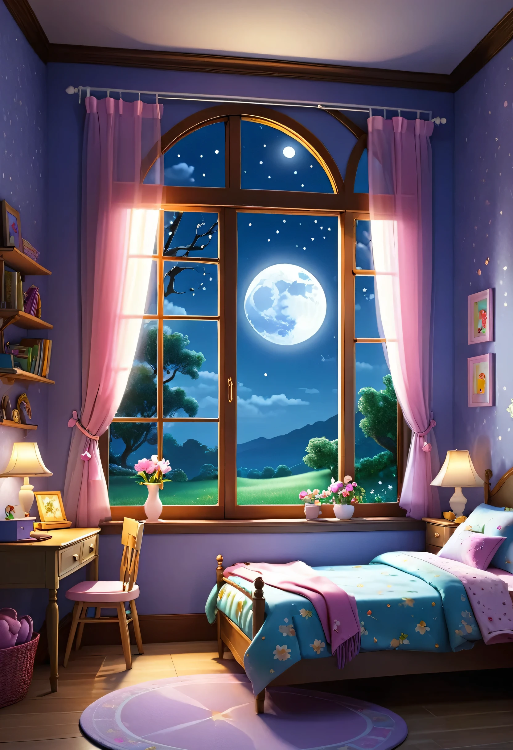 A magical scene with a moonlight shining upon the window of a girl's room. Landscape style high quality