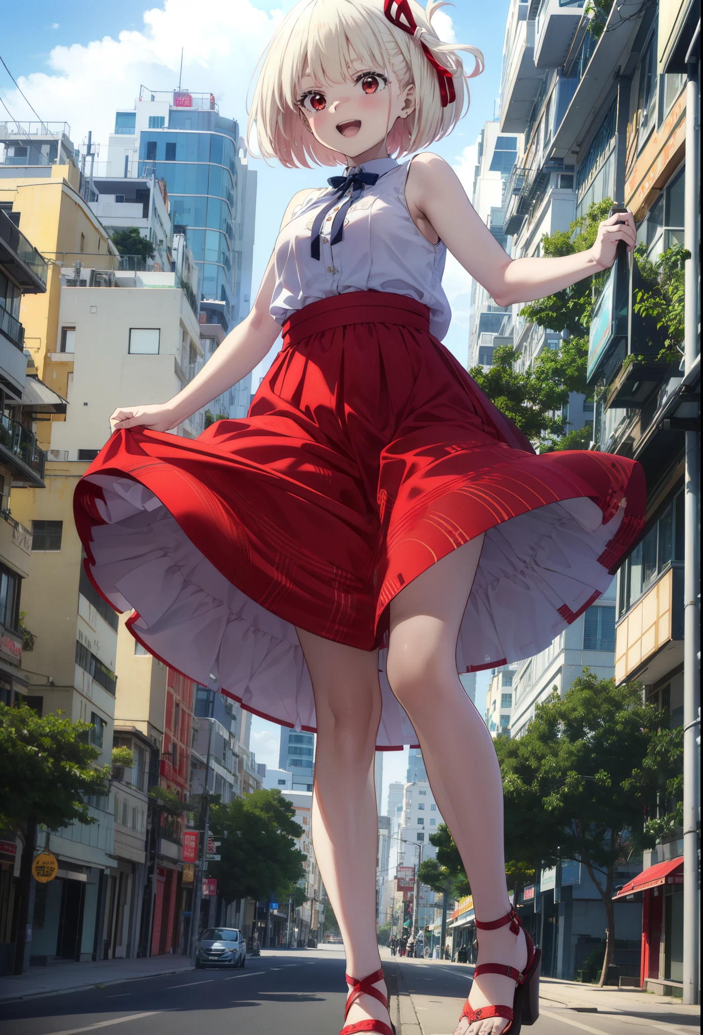 chisatonishikigi, Chisato Nishikigi, short hair, bangs, blonde, (Red eyes:1.5), Hair Ribbon, One side up, Bobcut,happy smile, smile, Open your mouth,
Open your mouth, Red sleeveless dress,Bare arms,Red long skirt,Cute Sandals,whole bodyがイラストに入るように,Walking,Daytime,sunny, walk,Looking up from below,break looking at viewer,whole body,break outdoors, In town,Coastal Road, break (masterpiece:1.2), highest quality, High resolution, unity 8k wallpaper, (shape:0.8), (Beautiful details:1.6), Highly detailed face, Perfect lighting, Extremely detailed CG, (Perfect hands, Perfect Anatomy),