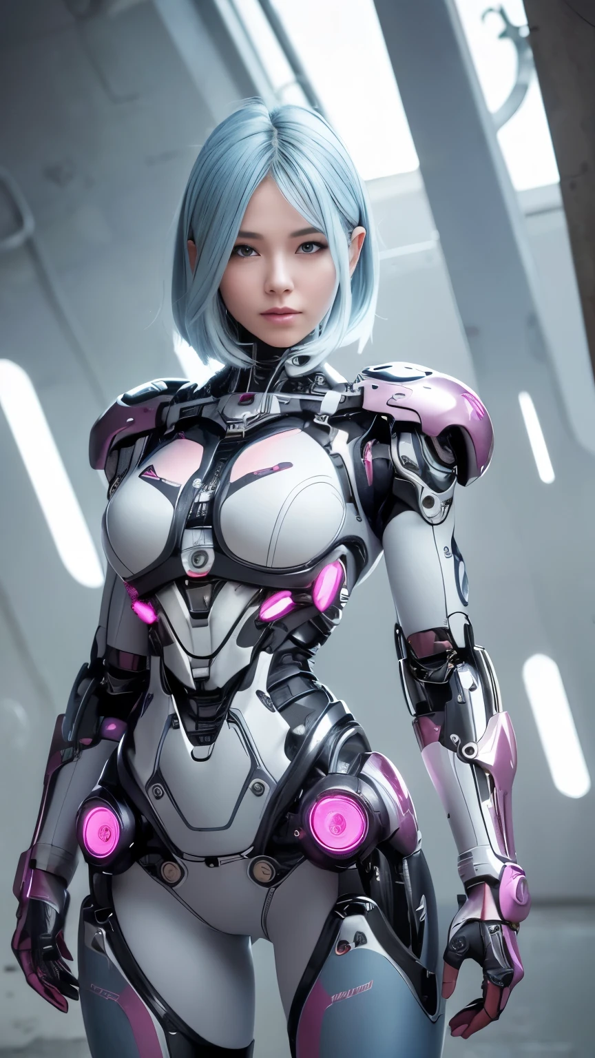 beautiful face, 1 female, Curvaceous, (16k, RAW photo, highest quality, masterpiece: 1.2), (HDR, realistic, realistic: 1.37) (Tube attached to the body), (Cyborg Robot Parts)))), (light gray hair), medium shot, ( enchanting smile)), (black eye), double eyelid, princess cut, from below, (full body),take a pose,,In the laboratory,( Mechanical vertebrae attached to the back with tubes connected to blood vessels)),((Mechanical neck attached to the neck)),(Wires and cables mounted on the head and body),,perfect woman image,The perfect Anatomy, anatomy, whole bodyショット, Up to four fingers to one thumb relationship, spherical joint, Full body, anime girl, standing, smile, looking at viewer, short light blue hair, Active and cheerful personality, blank background, blue short jeans and pink tank top, T pose