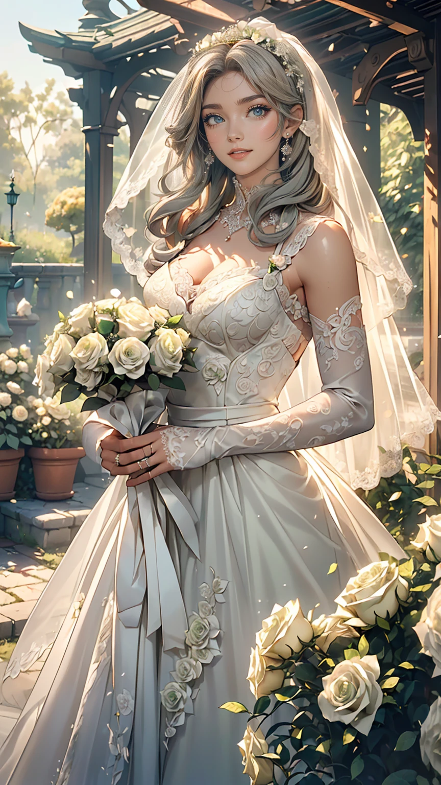 (masterpiece, highest quality, beautifully、beautiful:1.3), Upper Body, Recall, Show Viewer, One Girl, alone, A light smile, (Compensate, Long Hair, Light grey hair, Green Eyes:1.2), Save 0256, Bridal Veil, Lace Trim Dresses, See through, Wedding dress, Outdoor, White Rose, garden, morning, Are standing, Very detailed, 