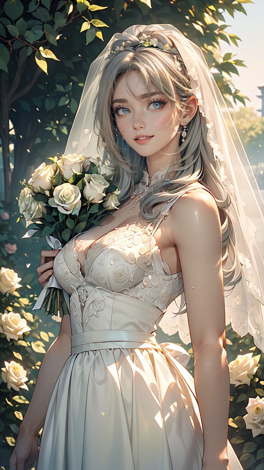 (masterpiece, highest quality, beautifully、beautiful:1.3), Upper Body, Recall, Show Viewer, One Girl, alone, A light smile, (Compensate, Long Hair, Light grey hair, Green Eyes:1.2), Save 0256, Bridal Veil, Lace Trim Dresses, See through, Wedding dress, Outdoor, White Rose, garden, morning, Are standing, Very detailed, 