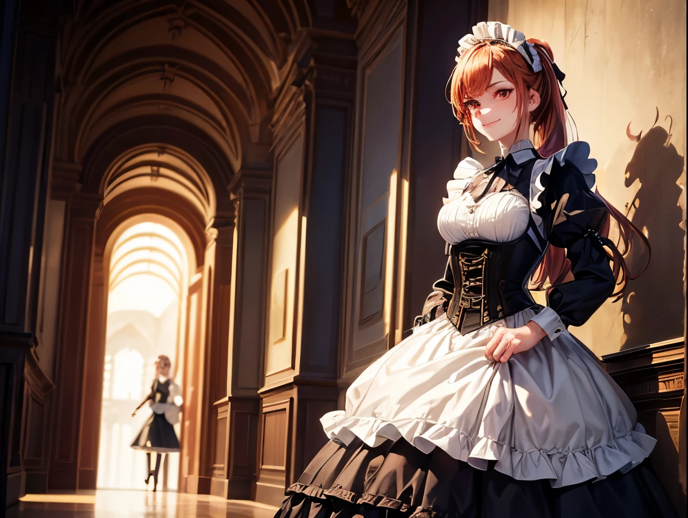 (best quality,4k,8k,highres,masterpiece:1.2),ultra-detailed, (1girl) A cute teenage bodyguard maid with red eyes, drawn in anime style, spiky ginger hair in a long ponytail, victorian fashion, wearing a cute black maid dress with puffy sleeves, corset, tactical gear, light armour, petticoat, bloomers, a frilly headband, a frilly white apron, high-heel boots, ribbons, gun holster, steampunk style, girlish smile, feminine and elegant posture, waiting in a castle hallway, extremely detailed eyes and face,long eyelashes,volumetric lighting,cinematic lighting,protective posture,highly detailed texture,intricate details.