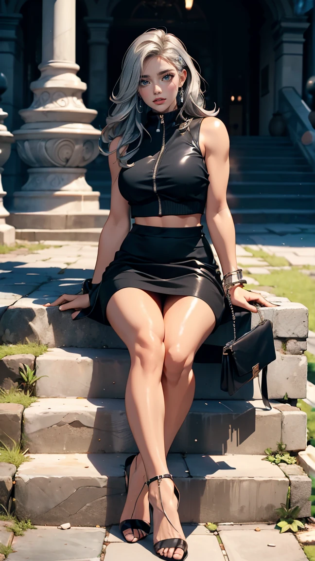 26 year old Caucasian female、Wear a black sleeveless zipper-up top、Navel visible、Lower milk visible、Wear a low-rise black mini skirt、Wear stiletto heels、Have a clutch bag、long hair、Silver Hair、smile、Sit down on the stone steps in the Old Town Square、Crossing your legs、smile