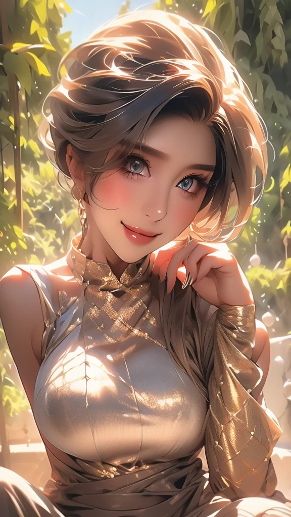 Very detailed, beautiful, highest quality, Professionally taken photos, Like a poster, detailed beautiful round eyes, beautiful detailed face, Whole Body Ezbian, Medium Long Hair, Casual Hairstyles, (Random color hair, Golden mesh), Big eyes, Random color eyes, Long eyelashes, Thick mascara, Dark eyeliner, (Huge breasts), (Bust about to burst:1.45), Wide selection, Thick waist), (Wide Hips:1.4, Toned thighs, Body Curves), 40 years old, woman, (White tight dress, white), Perfect Face, Perfect body, Sexy pose, (A shy smile), Random Location, nature, (alone), The light on my face,