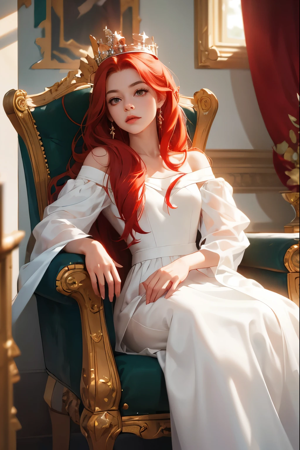 (masterpiece, highest quality), 1 Girl, alone, (Queen:1.15), Red Hair, Long Hair, curtain, White Dress, Queen's Dress, Aurora, (sunlight, null, river, forest), Expressionless, Red eyes, (Art Nouveau:1.2), Alphonse Mucha, tiara, (Face focus, Upper Body), (Red Throne:1.12), Very intricate details, Realistic Light, smile