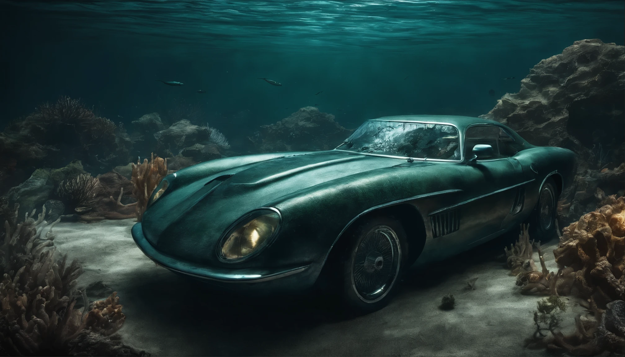 There&#39;s a sports car at the bottom of the ocean, surrounded by marine life. Light breaks through the water, creating mystical lighting. The car is partially covered with seaweed and coral, which emphasizes his prolonged stay under water. A variety of fish and other marine life swim around.

Details for creating a picture:

Main object:

sports car (Sports car).
Clean lines and modern car design, but with elements of corrosion and fouling by algae and corals.
ambient:

Ocean floor, covered with sand and stones.
Marine flora: algae, armed, sea grass.
Marine fauna: various types of fish, Maybe, small sharks, Jellyfish.
Lighting & Atmosphere:

diffuse light, penetrating through the water from above, creating soft light rays.
Shadows & Depth, giving the image realism.
Bluish and greenish shades, characteristic of the underwater environment.
Additional elements (Optional):

Shipwrecks or old chests in the distance to add ambience.
little air bubbles, rising from the car.
Style and mood:

Realistic style with high detail.
Mystical and slightly mysterious atmosphere.
Combination of modern and natural.
Technical specifications:

a high resolution.
Realistic stylization.
Detailed elements of the car and the underwater world.
Effective use of light and shadow to create depth and realism.