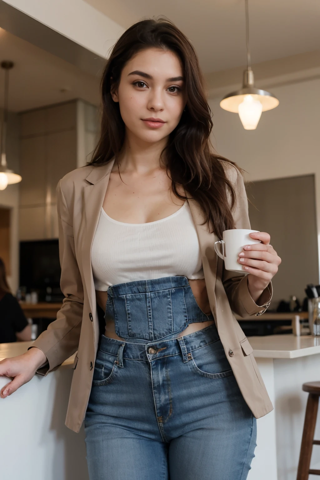 Create a young female character. between the ages of 25 and 30. she is from Turkey. She has fair skin with a healthy, glowing complexion. Her eyebrows are thick and well-defined, with prominent eyelashes and brown eyes that have a warm and friendly expression. Her lips are full and have a natural gloss, forming a slight smile. The character is slightly overweight with a fuller figure. She has long, thick, wavy hair that is voluminous and tightly pulled back. Overall, the character exudes confidence, warmth, and friendliness. She’s working on her laptop in a modern café, with a coffee cup beside her. She is dressed in a chic blazer and jeans. The background features the aroma of coffee and a gentle buzz of conversations.