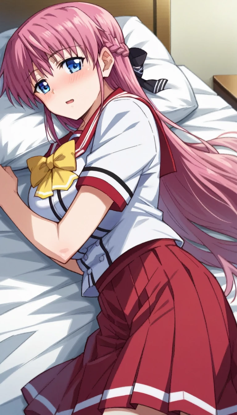 room, 1 Girl, Highest quality, Ultra-high resolution, Long Hair, Redhead, Green Eyes,Looking at the audience, Small breasts , smile, Open your mouth、Cowboy Shot、(Navy blue cuffs and white short-sleeved gym uniform)、(Navy Blue Bloomers)、(
barefoot)、Navy blue socks、(((Sleeping in bed)))