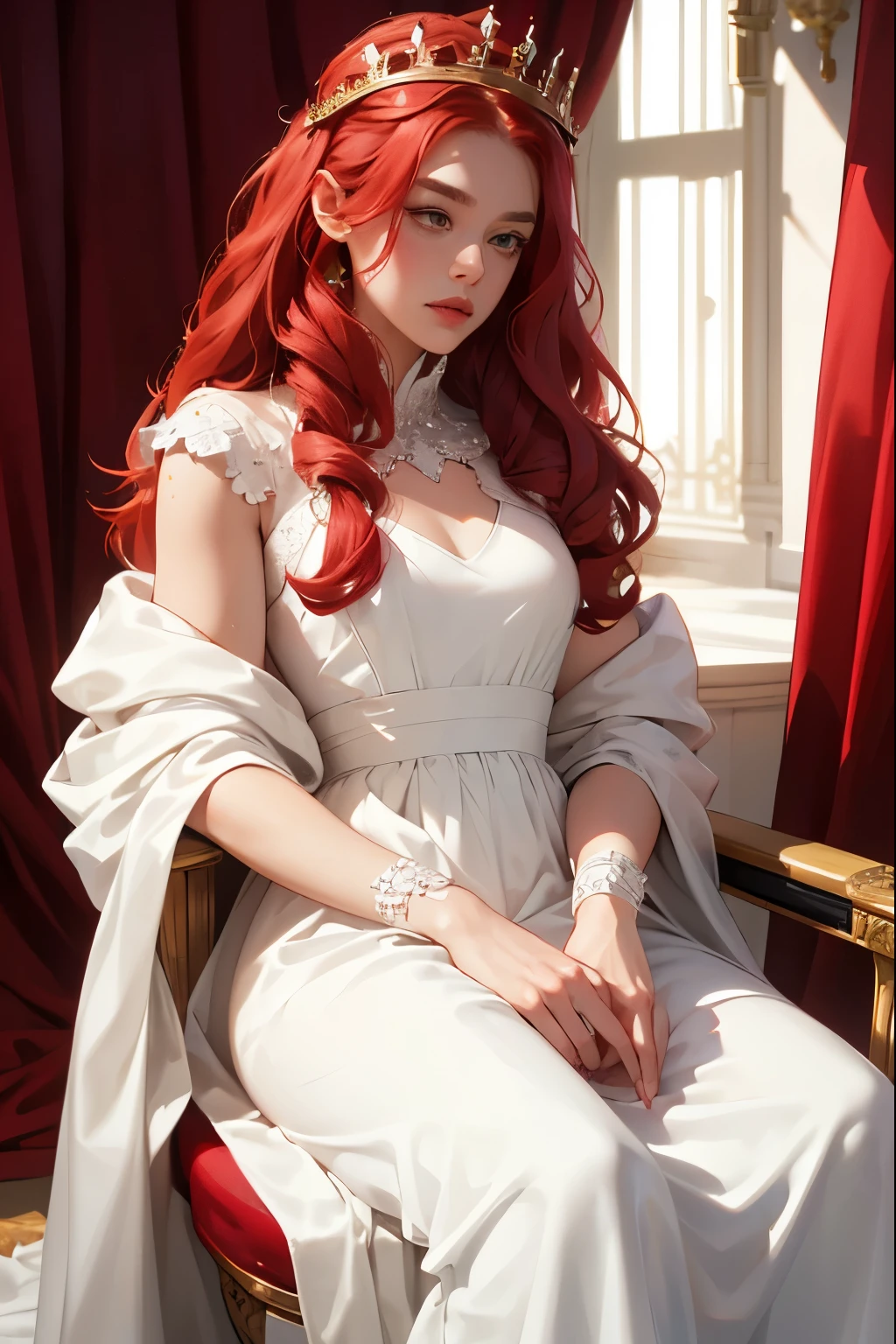 (masterpiece, highest quality), 1 Girl, alone, (Queen:1.15), Red Hair, Long Hair, curtain, White Dress, Queen's Dress, Aurora, (sunlight, null, river, forest), Expressionless, Red eyes, (Art Nouveau:1.2), Alphonse Mucha, tiara, (Face focus, Upper Body), (Red Throne:1.12), Very intricate details, Realistic Light, smile