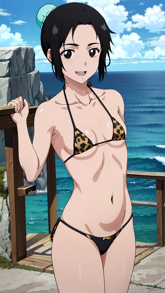 (masterpiece, 4K, highest quality, anime style: 1.9, Detailed face, Lovely, Ocean,Bold Line, High resolution, anime, Lake 4. alone, Curvaceous,  Cleavage, Center of chest, smile, Please open your mouth wide, Very slim belly, Cowboy Shot, (Leopard print bikini),1 girl、Shinamori type, Black Hair, Hair Bun, single Hair Bun, Good cover, short hair, (black eye:1.5),Shinamori type,BLEACHanime風,(((small,small胸,small顔)))