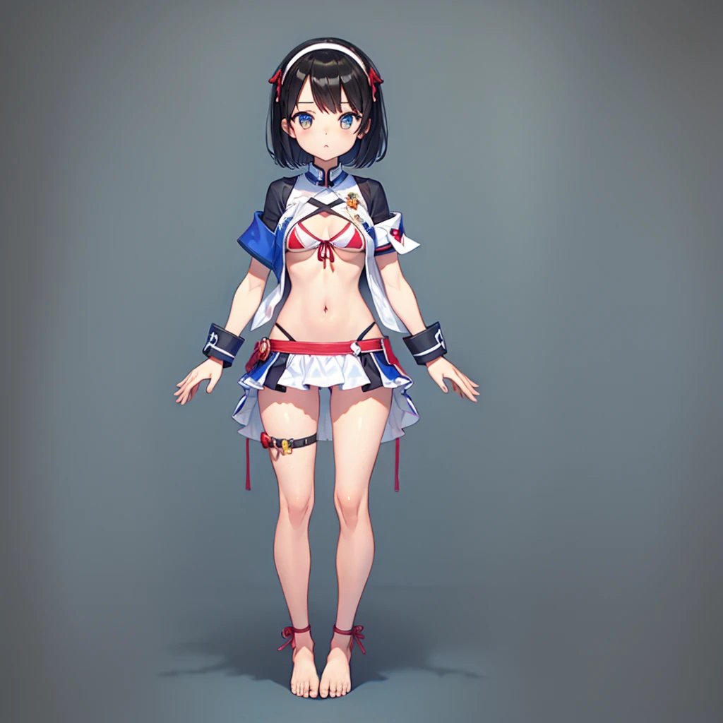 ID photo、1girl、Standing in front of the viewer、vtuber-fullbody、highest quality、Masterpiece、Official Art、The best composition、Super detailed、short hair、Simple bikini、Small breasts、barefoot、Upright Pose、Character Design、Front standing portrait、Simple Background、
(Perfect hands, Perfect Anatomy),
perfect,fingers,4 fingers1 thumb