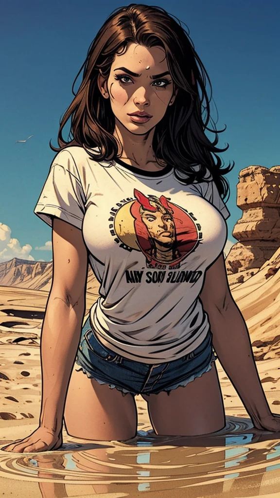 masterpiece, posing, advertisement, memorable, plain background,attention-grabbing features:1.2, horny pose, depraved pleasure, feminine facial features, t-shirt, in quicksand,