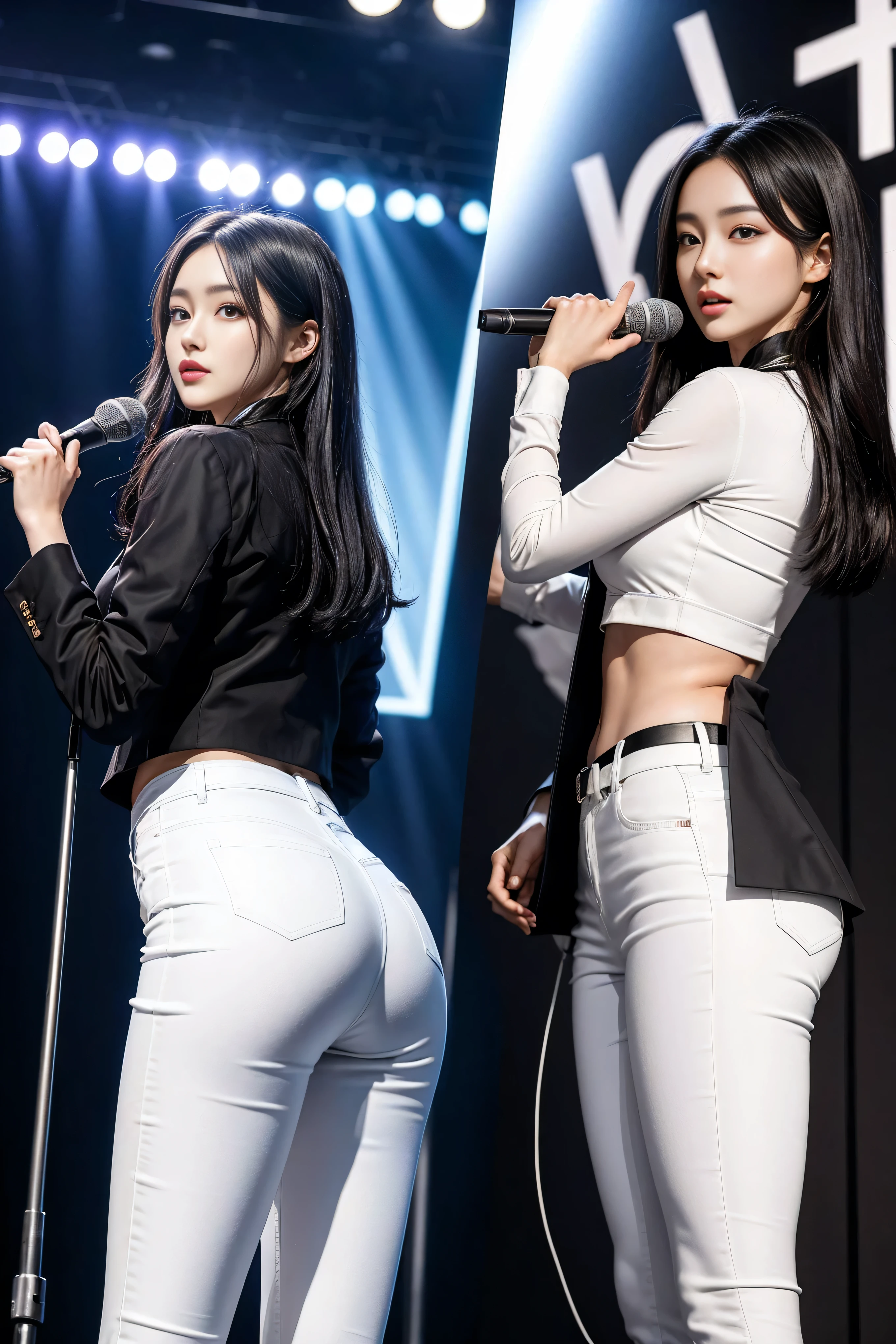 (8k,Highest Quality,masterpiece,practical,Super detailed:1.3),(1 girl,Beautiful Korean girl, Korean pop idol),(Black suit jacket:1.2),(White skinny trousers:1.1),(Serious expression:1.2)discuss,(speech,Handheld Microphone:1.2)(crowd,audience:1.3),Sexy long legs, (Thigh gap:1.5),Wide hips,S-Shaped Body, Hips lifted,,black hair,(Ass Focus:1.1)Shot from behind