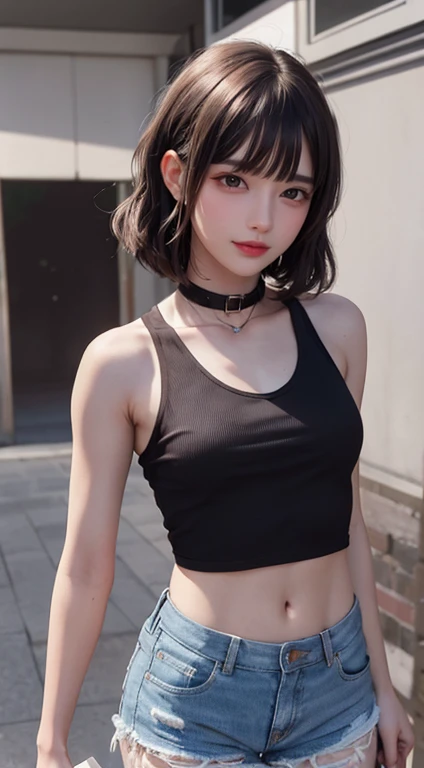 ((Mid-chest, Tomboy, Small Head)), Dawn, sunlight, (Trained abdominal muscles : 1.1), (Perfect body : 1.1), (Short Wavy Hair : 1.2) , Auburn Hair, collar, Lock, Full Body Shot, Crowded street, Wearing a black tank top, Jeans jacket, ((Shorts)), (Highly detailed CG 8k wallpaper), (Very delicate and beautiful), (masterpiece), (highest quality:1.0), (ultra High resolution:1.0),  Beautiful lighting ,Perfect Lightning, Realistic Shadows, [High resolution], Detailed skin, Super detailed