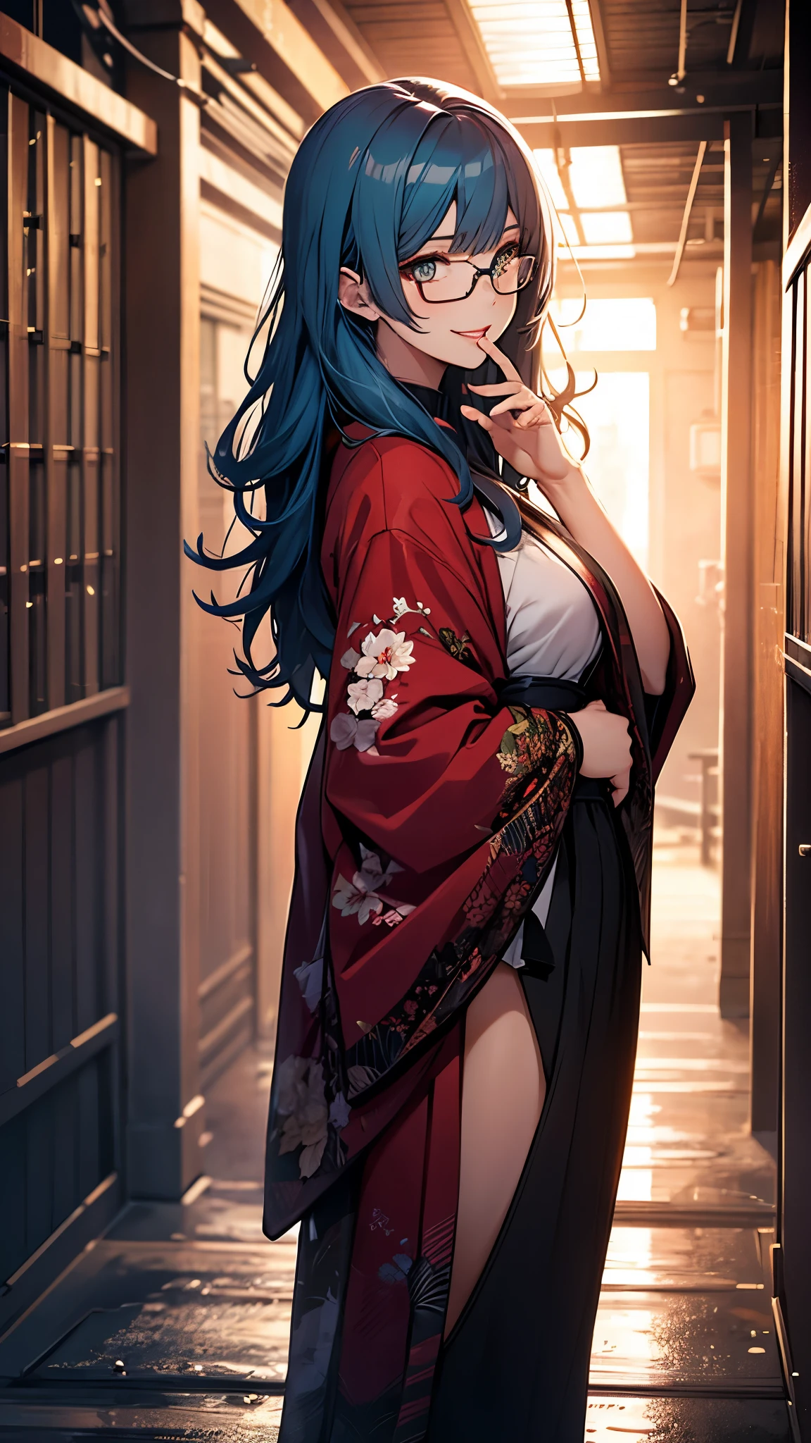 (1girl:1.3), Masterpiece, Best quality, amazing beauty, [[3D]], 4K, absurdres, finely detail, super detailed eye, perfect anatomy, official art, cinematic lighting, BREAK, bamboo thicket, night, silky wavy hair, parted bang, blue hair, super shiny detailed blue eyes, big eyes, cute eyes, thin eyebrow, Gazing Skyward, full lips, closed-mouth smile, mascara, red lips, red round cell frame glasses, happy face, BREAK , usually, tall, slender, gloss skin, hand on hip, standing, full body, from side, Dimly light, BREAK , kimono, tabi, BREAK,(Glasses)