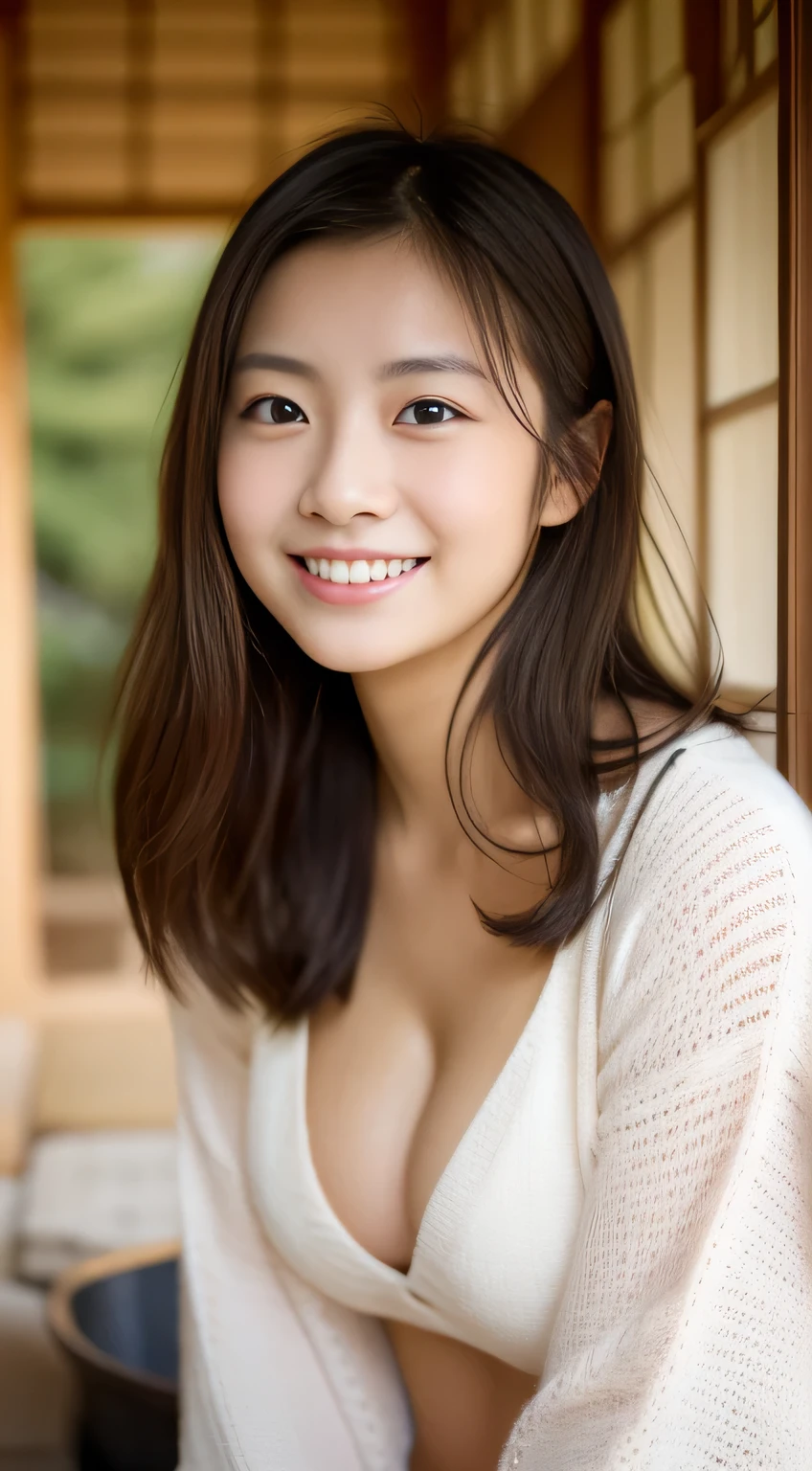 masterpiece,best quality,(Japanese ),((Beautiful girl)),cleavage,indoor,(perfect body beauty:1.2),(shy smile),beautiful teeth,